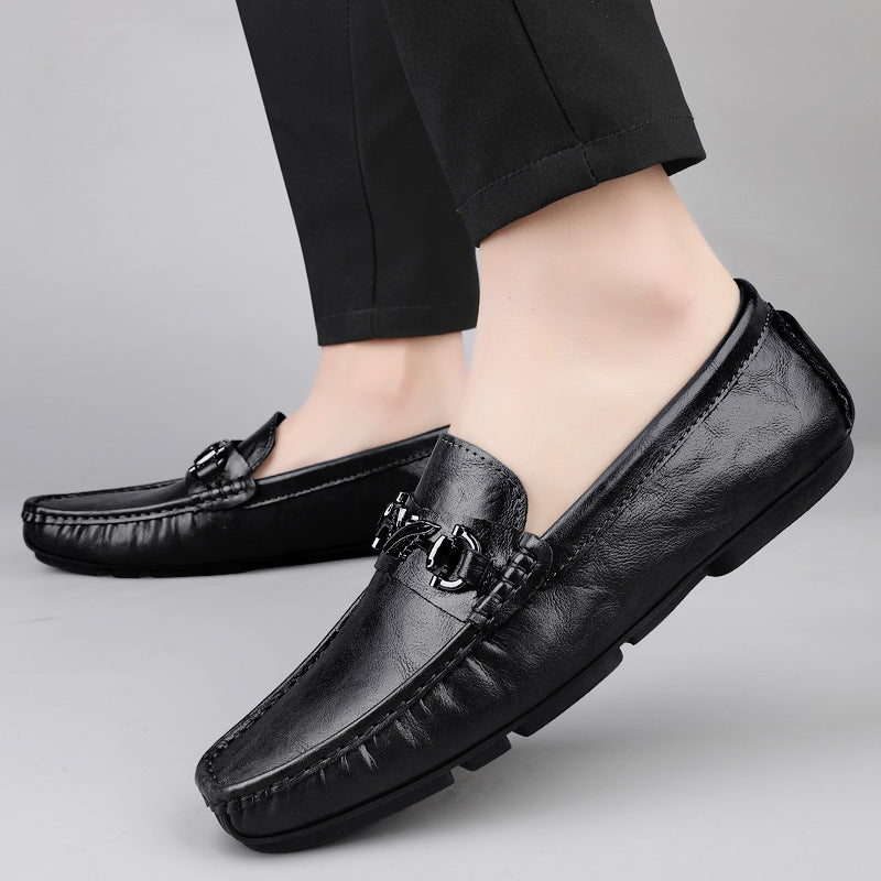 Loafers, Spring and Summer Men's Shoes, Genuine Leather Flats-Soled Shoes, Casual Shoes, Comfortable Lazy Driving Shoes, One-Leg Driver's Shoes