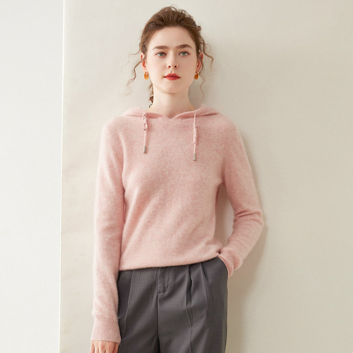 Light Luxury Solid Color 100% Pure Cashmere Hoodie for Women, Versatile for Commuting, Loose Knit Base Hoodie, Loose Fit