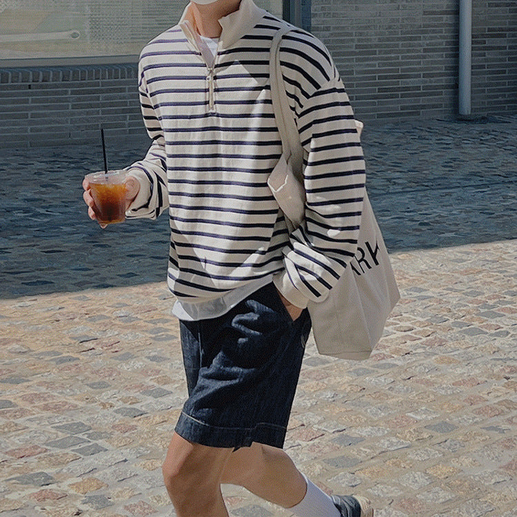Spring and Autumn Korean Style Loose Design Sense Half-height Zipper Pullover Vertical Collar Sweatshirt Men's Ins Casual Striped Jacket Trendy