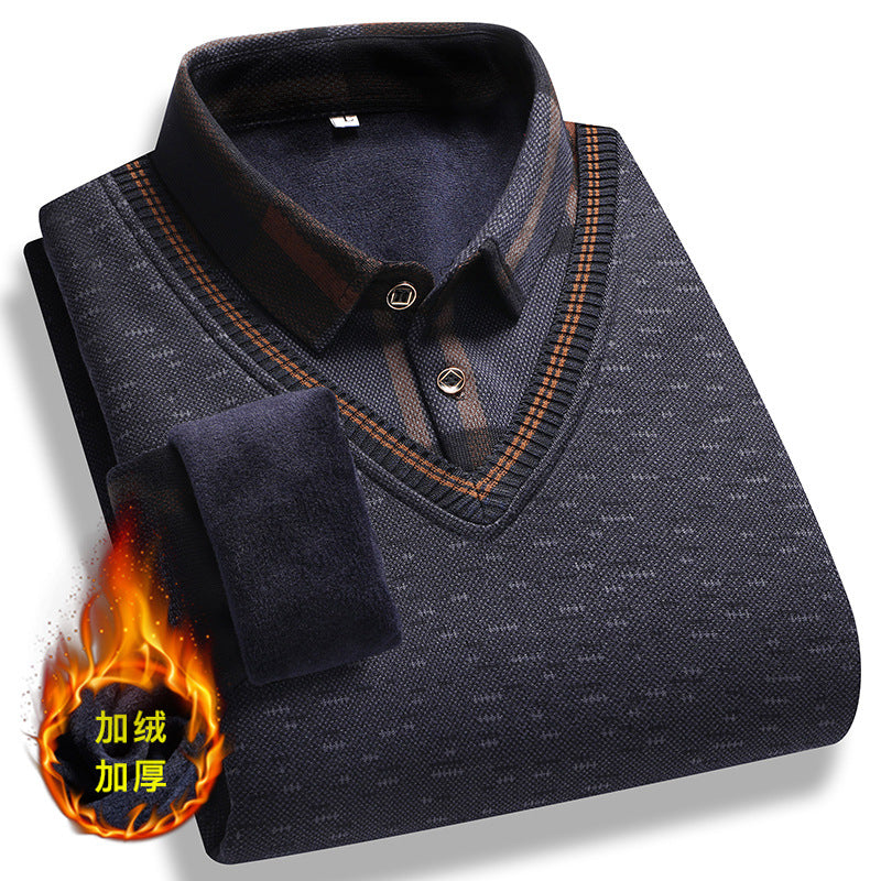 Autumn and Winter middle-aged and elderly fake two-piece sweater men's dad wear fleece-lined thickened slim shirt collar warm sweater