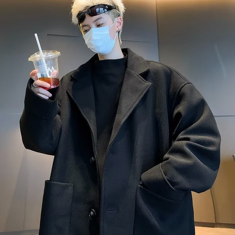 Japanese Solid Color Mid-length Woolen Coat Men's All-match High-end Casual Black Woolen Suit British Jacket