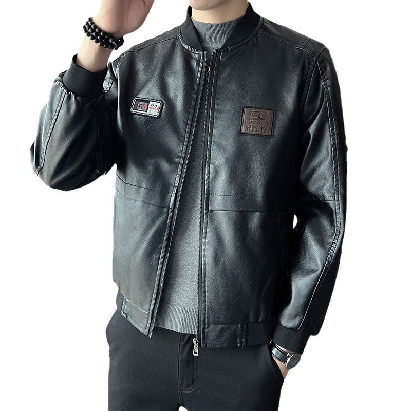 Men's Leather Jacket New Men's Handsome Leather Jacket Slim Trendy Korean Style Baseball Collar Jacket Men's Motorcycle Clothing Top