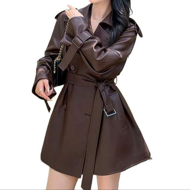 Brown Leather Jacket for Women 2025 Spring New Fashion Petite Leather Jacket Trench Coat Women New Style