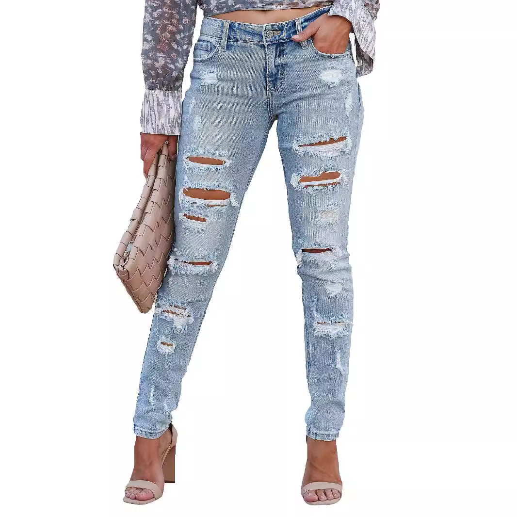 2024 Cross-border Women's Hot Style Women's Washed Ripped Denim Trousers High Elasticity High Waist Slim Jeans