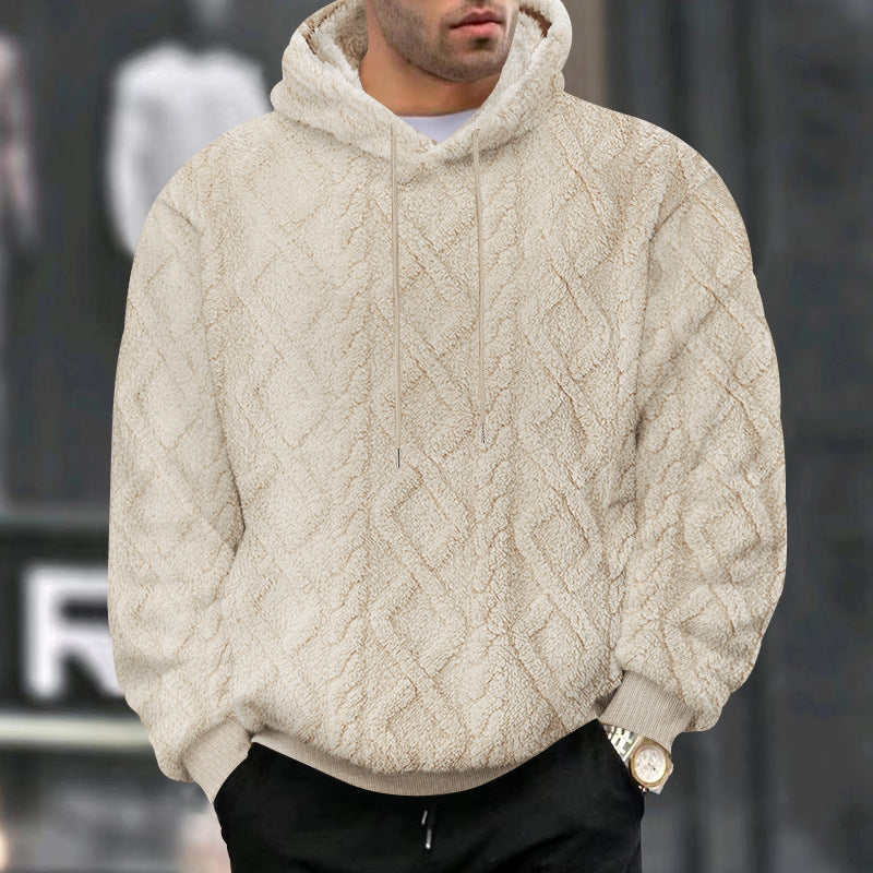 Cross-Border American Style Autumn and Winter Sweatshirt for Men, Casual High Street Jacquard Diamond Double-Sided Fleece Loose Pullover Hooded Sweatshirt for Men