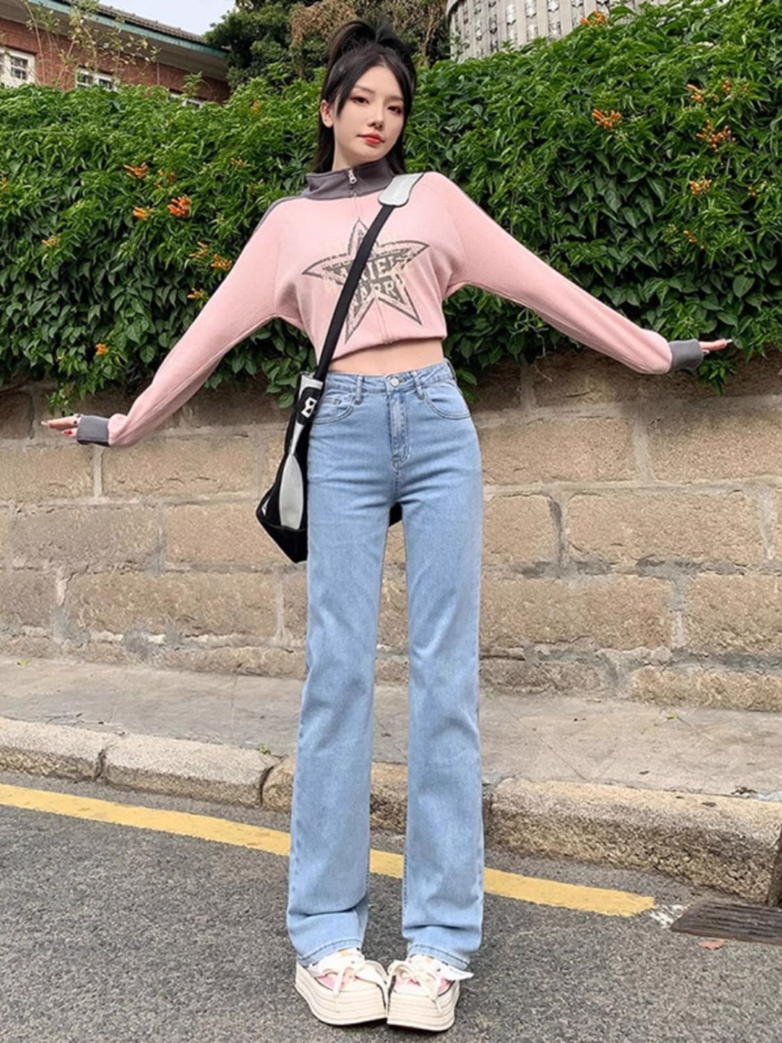 Light Blue Straight Jeans for Women Spring New Loose Pants Elastic Waist Casual American High Street Wide Leg Pants