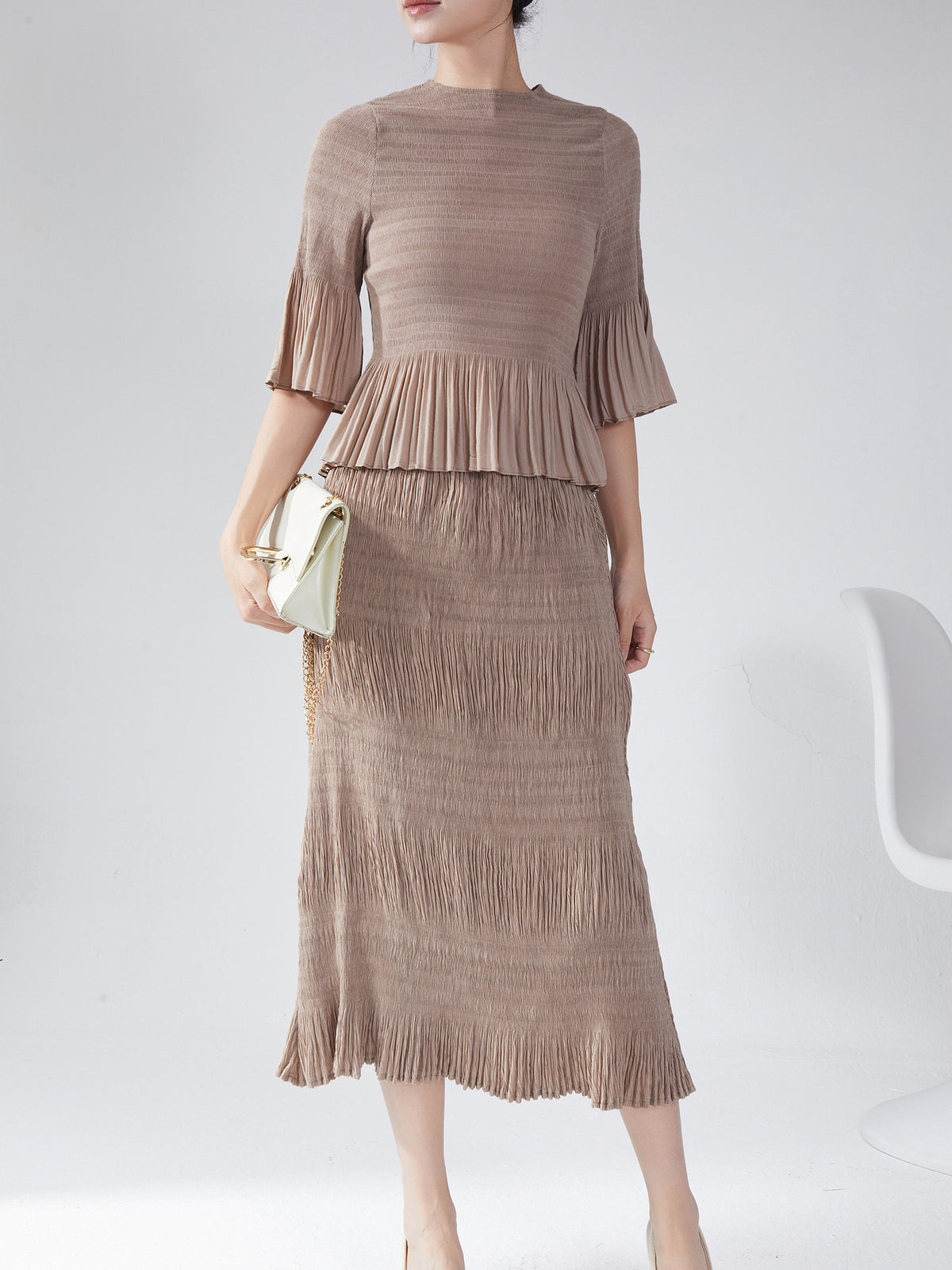 Miyake Women's Autumn New suit Two-piece Elegant Slim-fit Base T-shirt Top All-match Hip Skirt