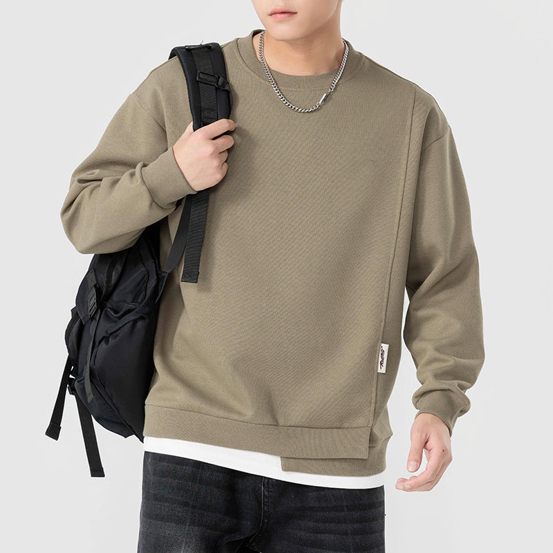 Light Mature Style Simple Men's Clothing Spring and Autumn New Heavy-weight Sweaters Men's New Fashionable Brand Fake Two-piece Solid Color Top for Men