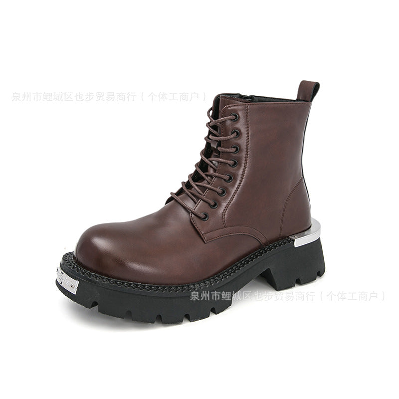 Cross-Border Men's Thick-Soled Heightening Lace-Up Leather Boots British Style Formal Casual Shoes High-Top Leather Shoes Short Boots Large Size Men's Shoes