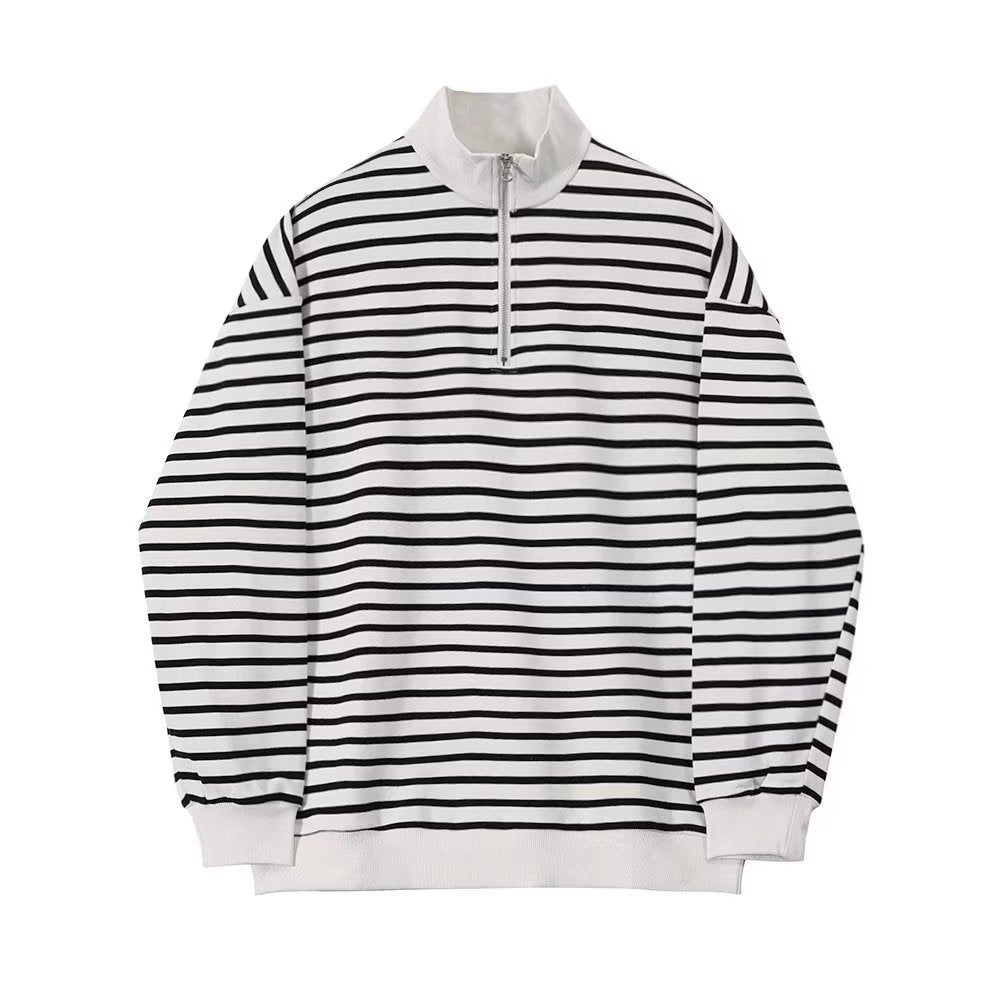 Spring and Autumn Korean Style Loose Design Sense Half-height Zipper Pullover Vertical Collar Sweatshirt Men's Ins Casual Striped Jacket Trendy