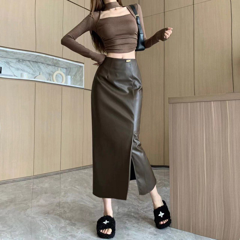 American Hot girl fashion PU leather high waist all-match long skirt cross-border women's autumn new casual skirt fashion