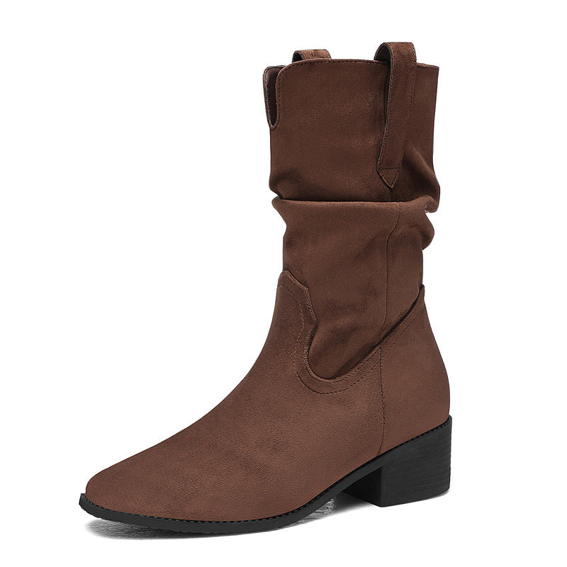 2025 Autumn/Winter New Boots for Women, Height-Increasing Boots for Petite Women, Chunky Heel Mid-Calf Leather Boots, Pleated Versatile Slouch Boots
