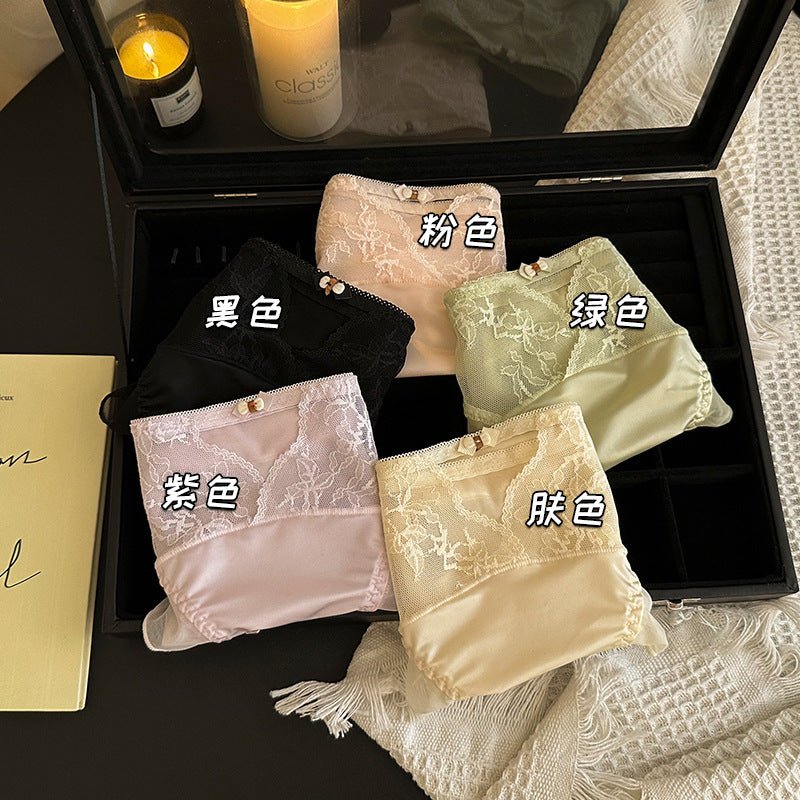 Sexy Hollow Mesh Underwear Women's Mid-Waist Sexy Lace Less Ladies Underwear Mulberry Silk Bottom Crotch Comfortable Briefs