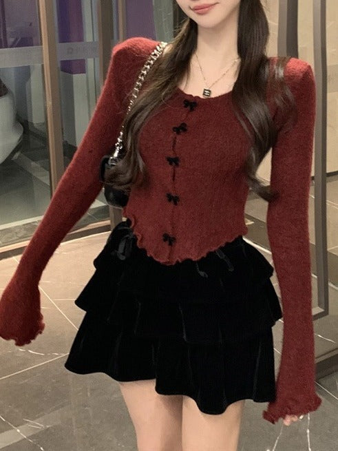 Red elegant fashion sweater women's autumn and winter 2024 New sweater undershirt short top slim fit