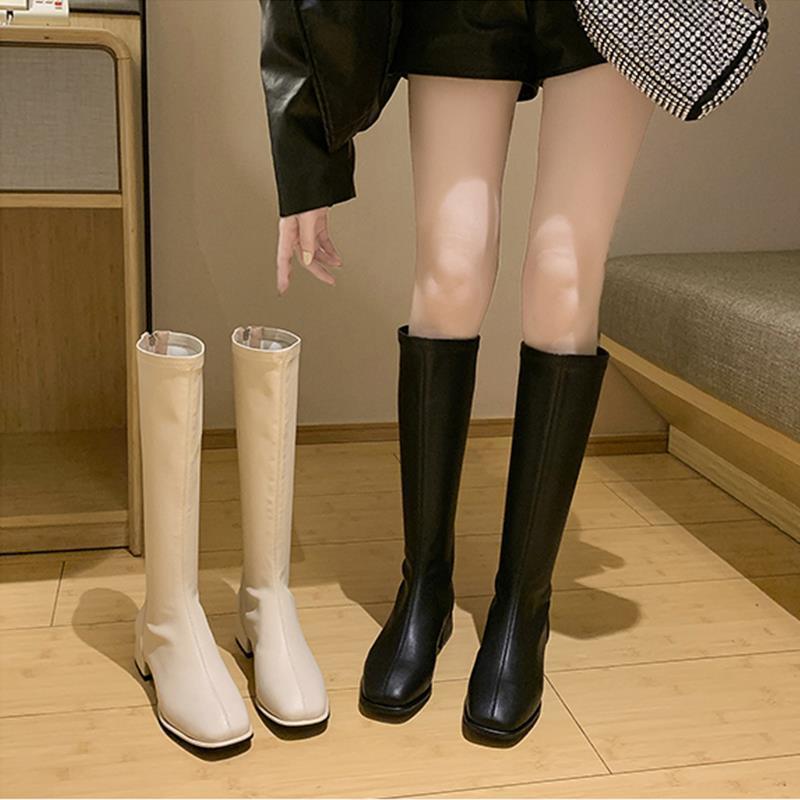 Women's Knee-High Boots 2025 Autumn and Winter New High-Top Riding Boots with Chunky Heels, Leather Boots, Long High-Heeled Boots with Fleece, Trendy