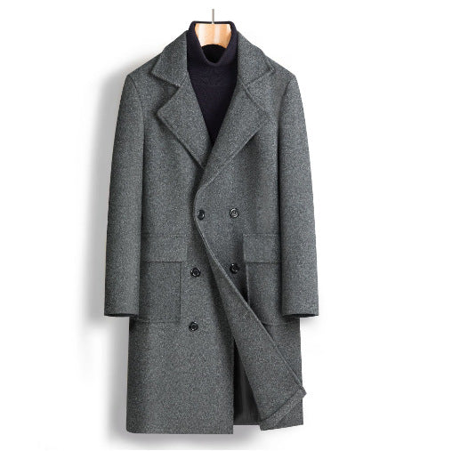 2025 spring new men's foreign trade double-breasted youth solid color casual long woolen coat fashionable trench coat