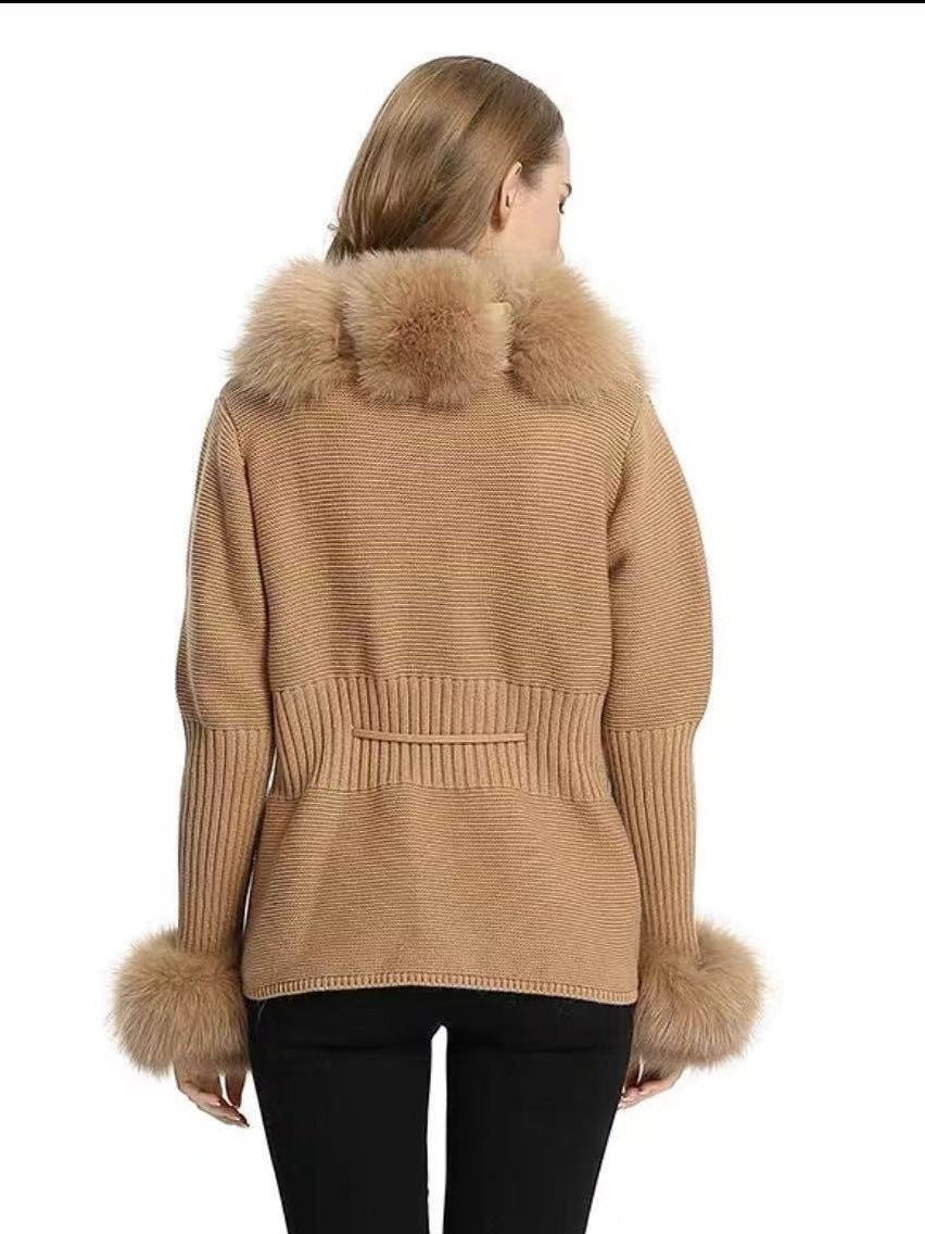 Women's Knitted Sweater 25 Spring Knitted Cardigan Imitation Fox Fur Coat Women's New Style Short Sweater Women
