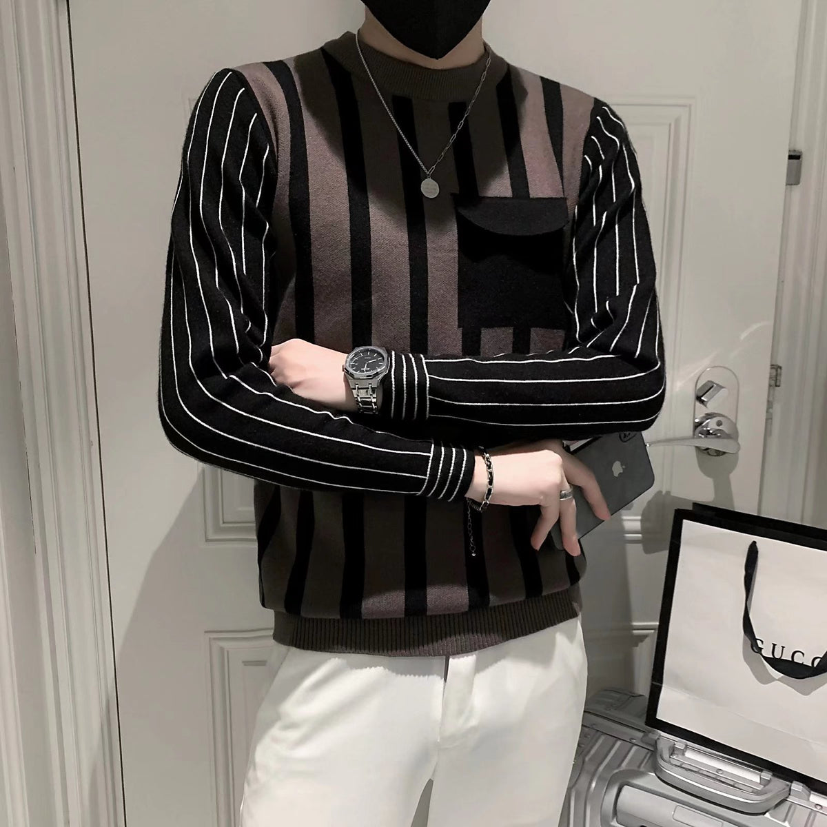 Fake two-piece sweater all-match casual Pu handsome sweater men's striped slim fit 2023 niche new sweater fashion