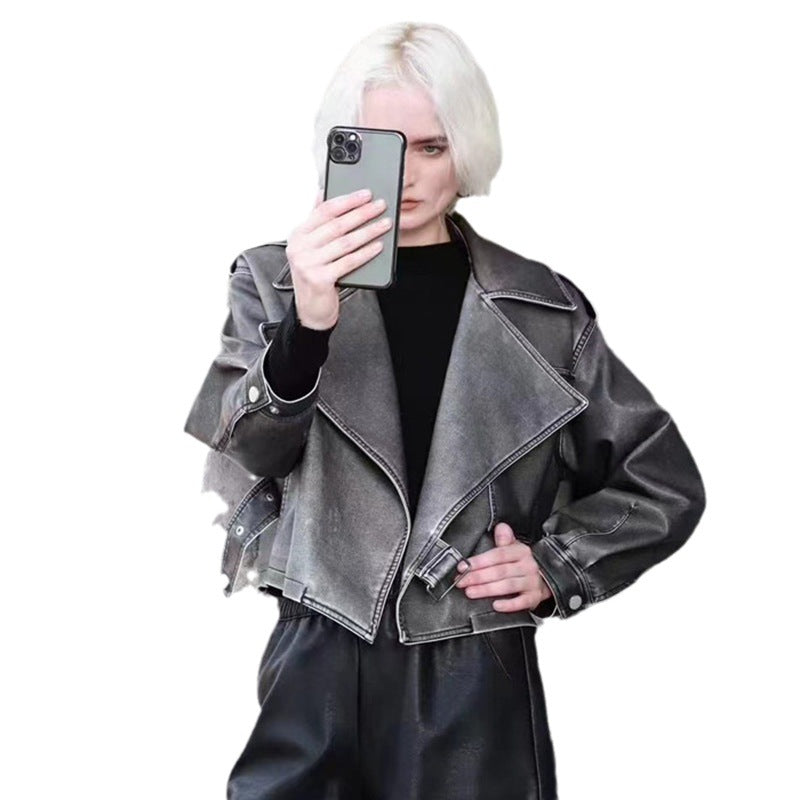 Vintage Leather Jacket Women's Short Korean Loose Motorcycle Leather Jacket New Fashion Hong Kong Style Old Puleather Jacket