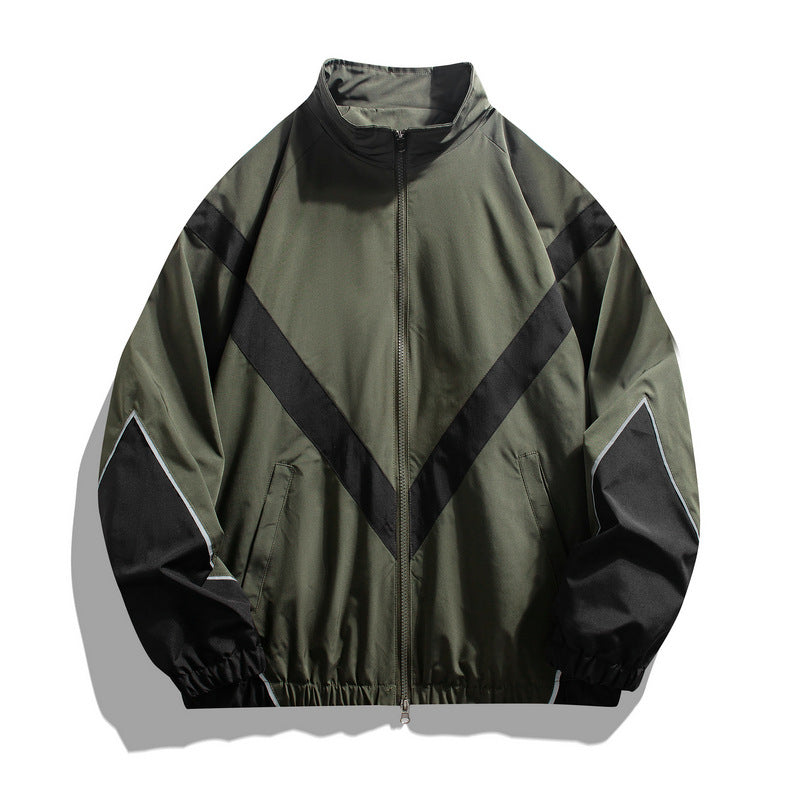 Trendy Brand Reflective Patchwork Stand-Up Collar Jacket Spring and Autumn Loose Sports Casual Jacket for Men