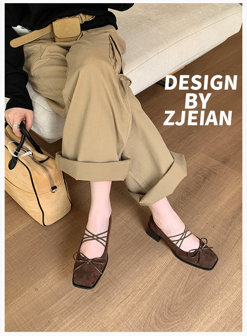 High Heels for Women 2025 New Spring and Autum Thick Heel Pig Mouth Flats French Square Toe Ballet Mary Jane Small Leather Shoes