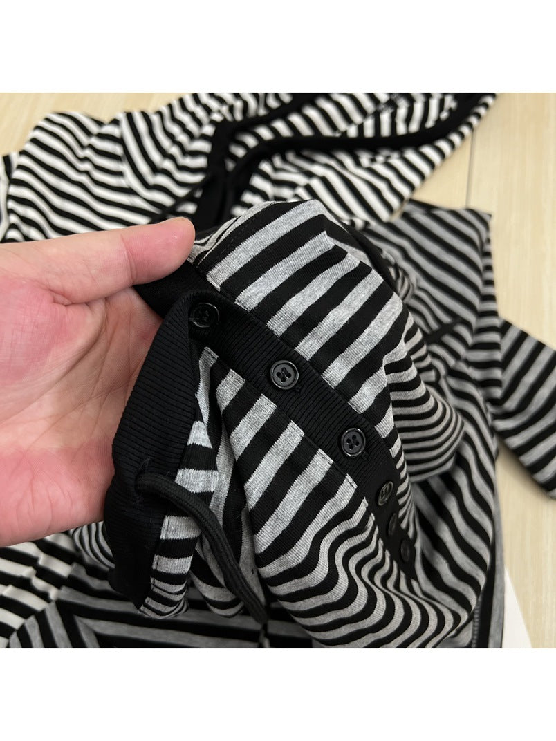 Good to wear to burst striped access control buckle hoodie autumn new women's casual all-match long sleeve T-shirt top base tee
