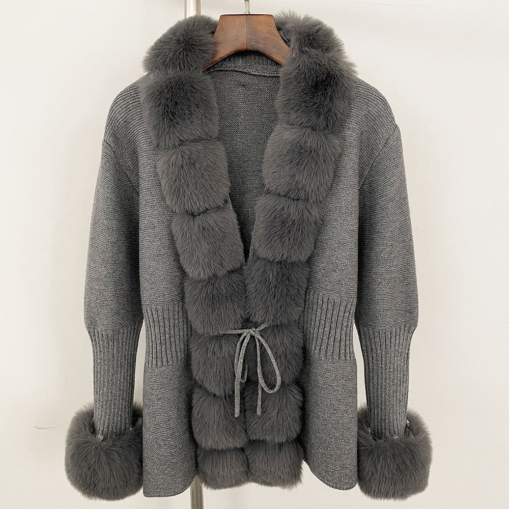 Women's Knitted Sweater 25 Spring Knitted Cardigan Imitation Fox Fur Coat Women's New Style Short Sweater Women