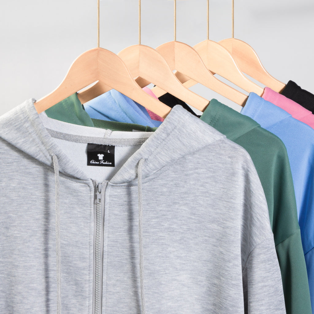 Spring and Autum Hooded Zipper Cardigan Sweatshirt Off-Shoulder Long-Sleeved Pure Color Xiyin Cross-Border Temu Loose Version
