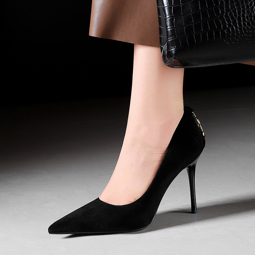3368-2 High Heels Women's Stiletto Versatile Suede Daily Work Clothing Professional Work Shoes Elegant Pointed Toe Flats Black