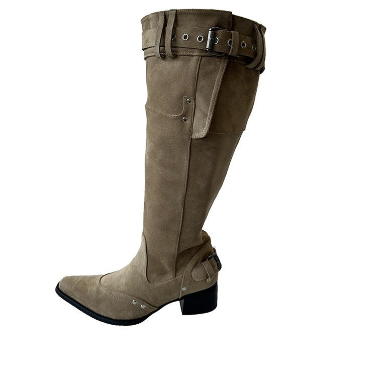Over-The-Knee Boots for Women 2025 Autumn and Winter New Suede Pointed Toe Knight Boots Thick Heel Slimming Look Pleated Large Tube Boots