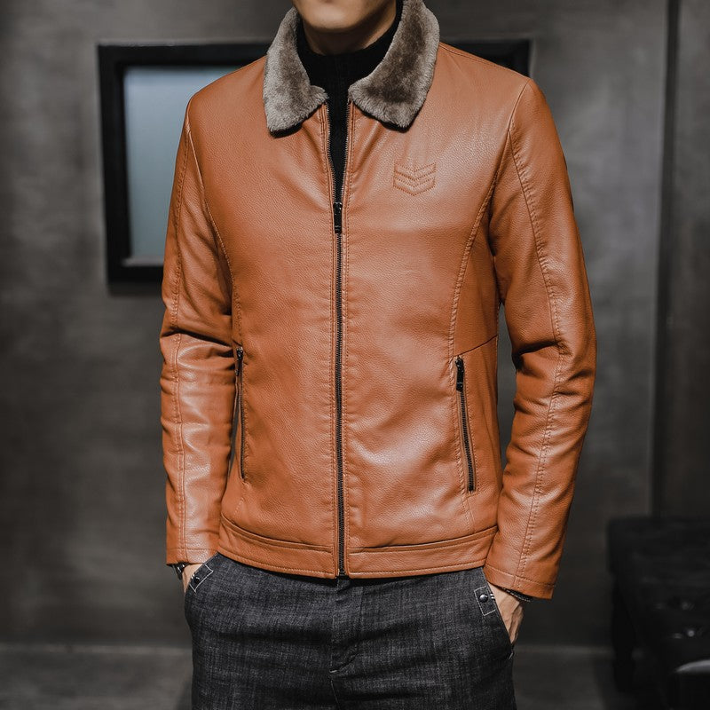 2019 New Men's Leather Jacket Men's Leather Jacket Lapel Middle-aged Men's fleece-lined Thickened Fashionable Fur