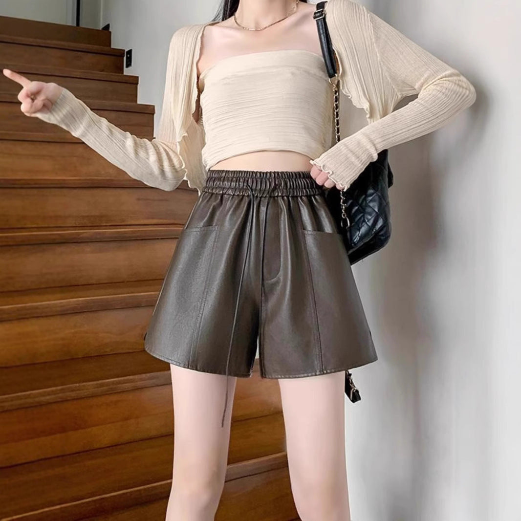 Leather Shorts Women's Autumn 2024 New High Waist Slimming A- Shaped PU Leather Pants Autumn and Winter Wide Leg Pants Outer Wear with Boots Pants