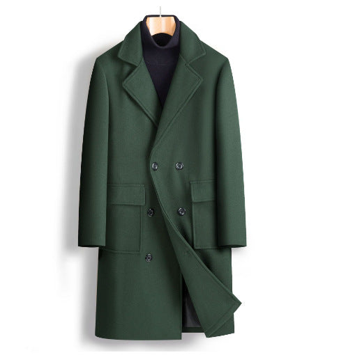 2025 spring new men's foreign trade double-breasted youth solid color casual long woolen coat fashionable trench coat