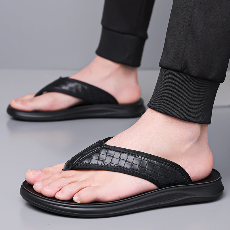 Stomp Sense Summer New Sandals Men's Flip-flops Casual Beach Shoes Genuine Leather Breathable Home Non-slip Slippers for Men