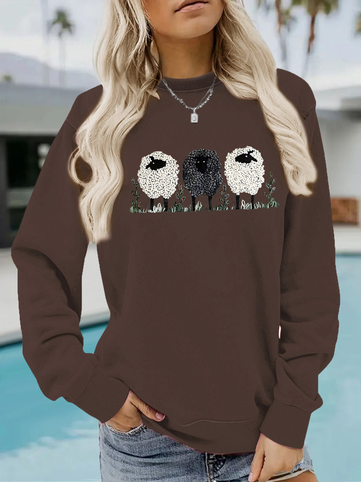 Europe and the United States cross-border autumn and winter women's casual long sleeve crew neck sheep printed pullover sweatshirt sweater wholesale