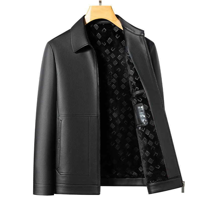 Leather men's 2024 autumn and winter new fleece-lined thickened lapel pu leather jacket coat protein ecological leather men's