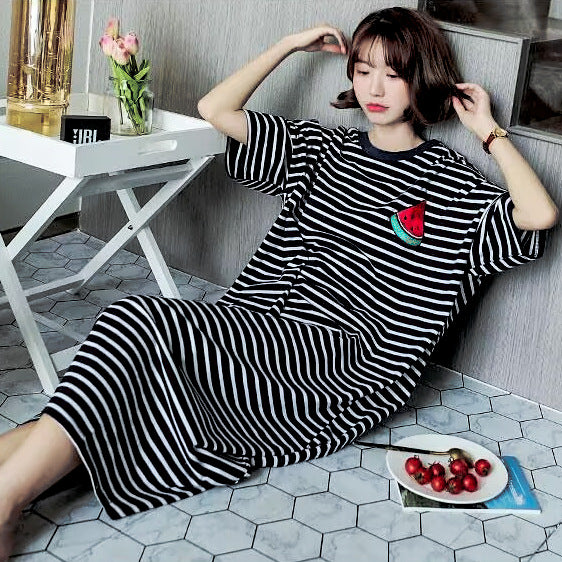Pajamas Women's Summer Korean-style Mid-length Student's Nightdress Short-sleeved Loose Cute Striped Outwear Pregnant Women's Home Clothes