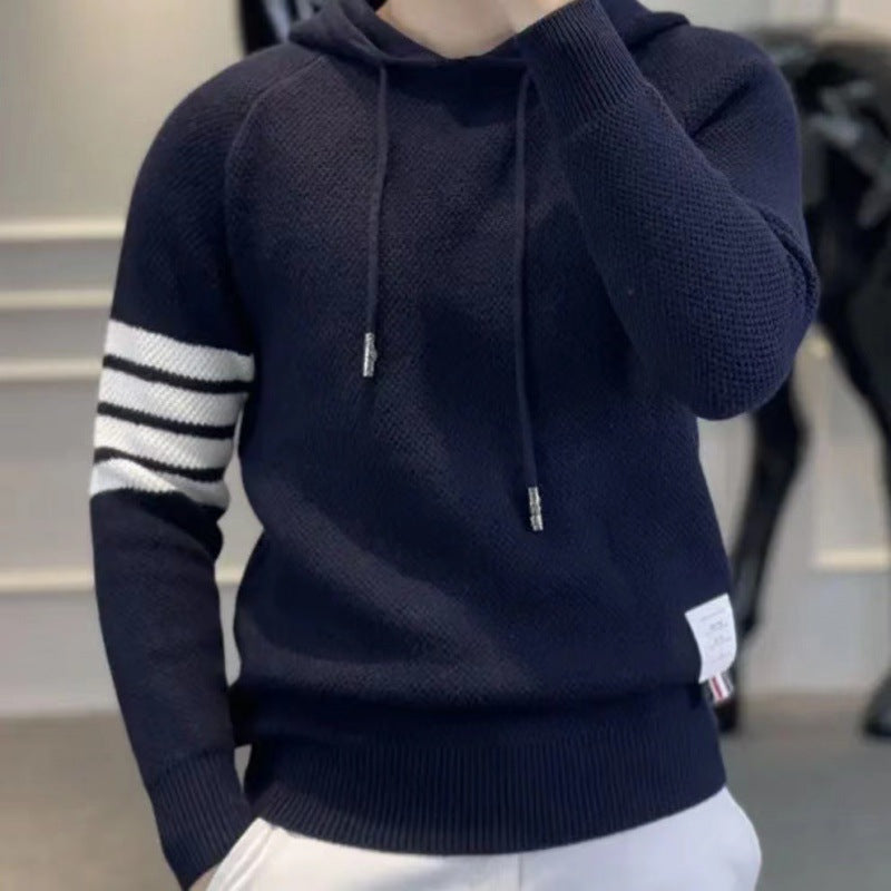 Autumn and Winter Long-Sleeved Contrast Stripesd Hooded Knitwear for Men New Men's Handsome Sweatshirt Trendyy Knitted Knitwear for Men