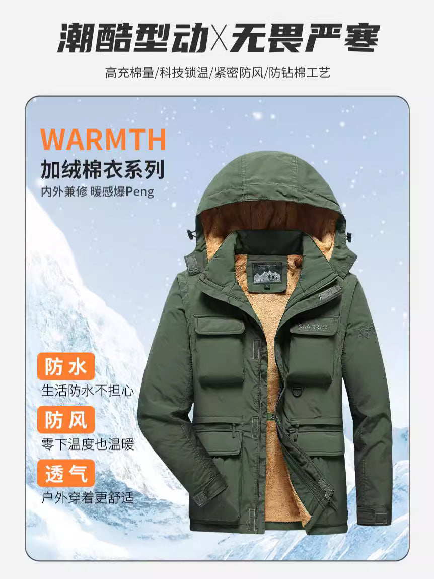 Removable Sleeve Cotton-padded Clothes Men's plus size Coat Men's Winter Warm Multi-pocket Work Coat Charge Cotton-padded Jacket Men's