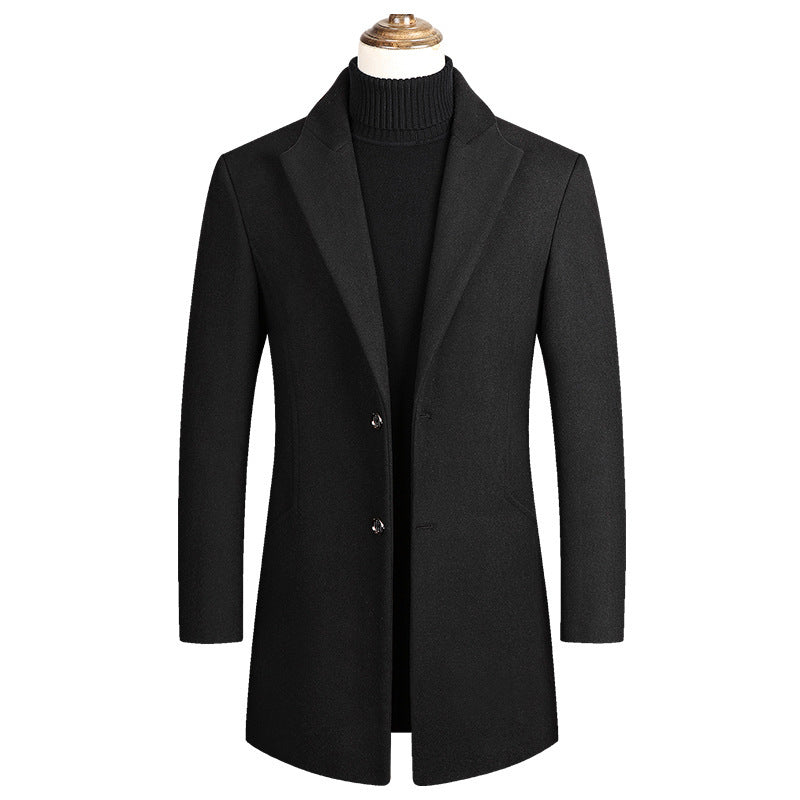 2025 Autumn and Winter Men's Mid-Length Pure Color Woolen Windbreaker European and American Casual Large Size Woolen Jacket Fashionable Men's Clothing