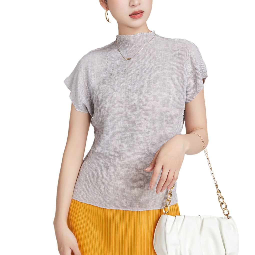 Short-sleeved T-shirt Women's Summer New Clothes All-match High-grade Western-style Small Shirt Unique Chic Pleated Top Thin Women