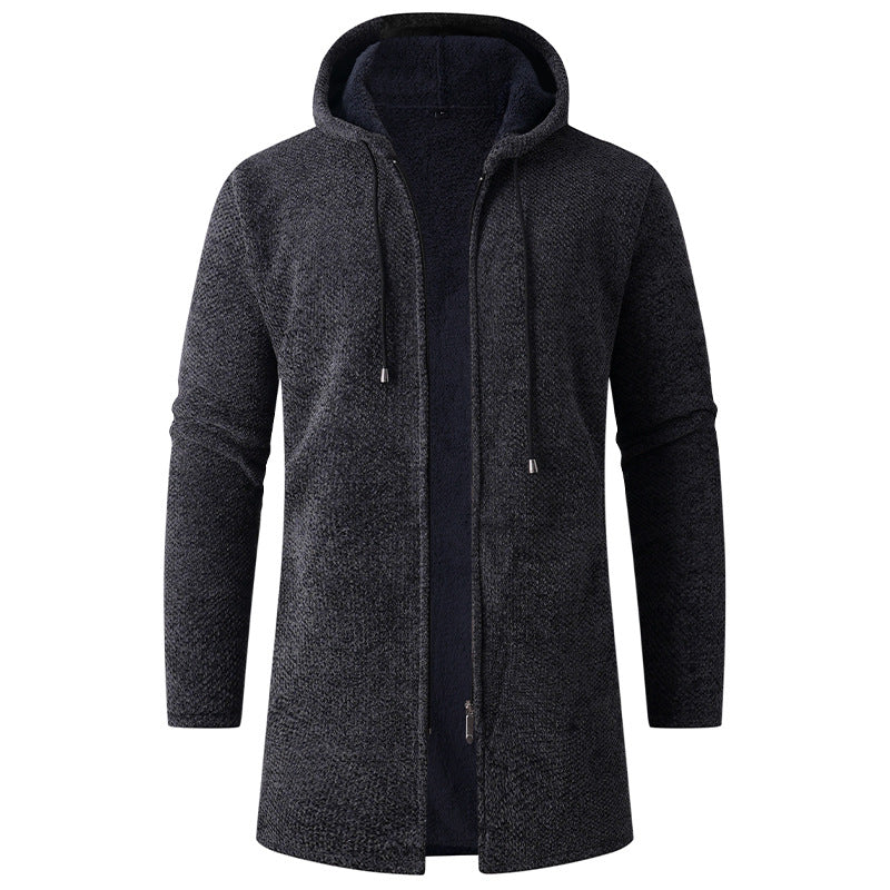 Cross-Border European and American Men's Mid-Length Knitted Windbreaker for Young and Middle-Aged People Hooded Cardigan Plus Velvet Thickened Warm Jacket Coat