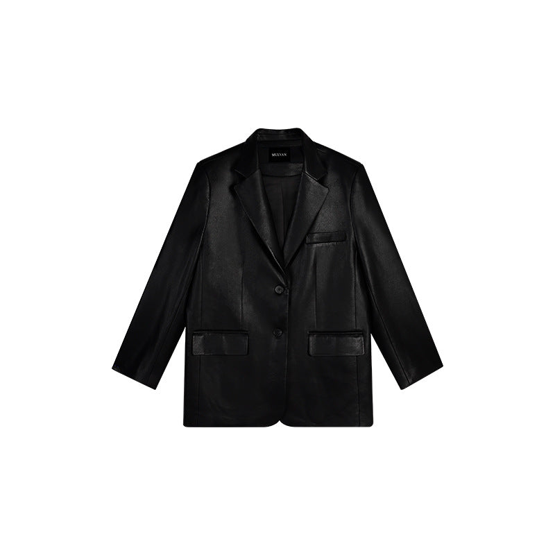 Leather Women's Small Suit Black PU Leather Suit Jacket Women's Spring and Autumn New Loose Elegant High-grade Small Suit