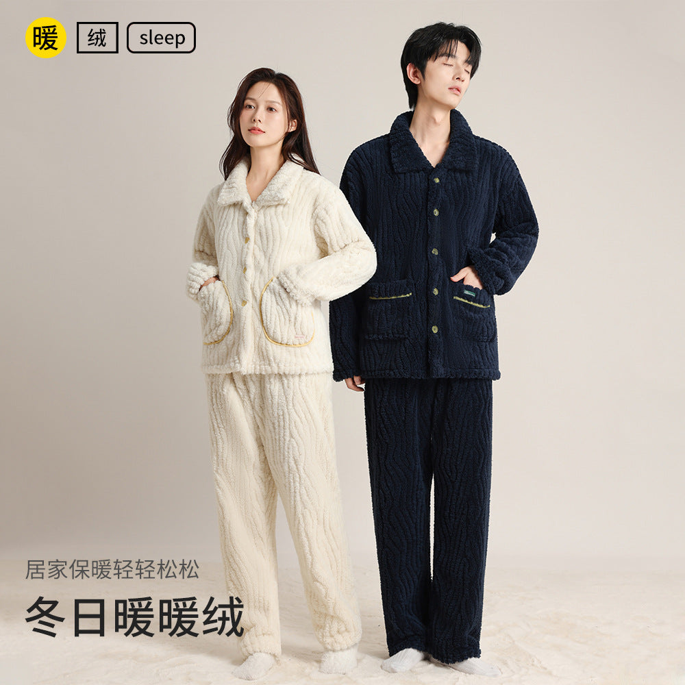 Autumn and Winter Thickeneded Warm Square Collar Lapel Pajamas Coral Velvet Cardigan Simple Wearable Home Clothes Couple Set