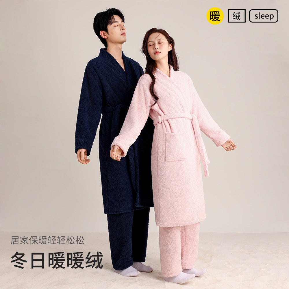 Autumn and Winter New Imitation Half-Velvet Nightgown, Warm and Thickened Bathrobe, Couple Pajamas, Long Loose Style, Can Be Worn Outside as Home Clothes