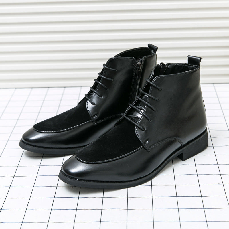 High-top color-block leather boots cross-border plus size 46 autumn and winter short boots European and American style men's side zipper fashion British boots
