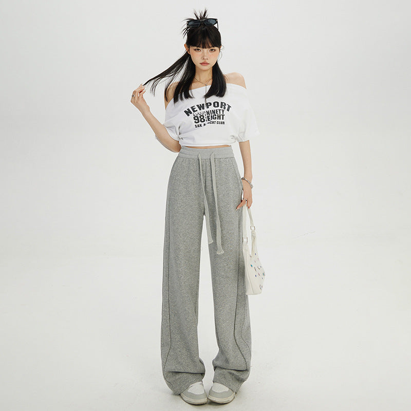 White Wide-Leg Pants for Women, 2025 Autumn and Winter New Style, Fleece-Lined, Thickened, Straight-Leg, Loose, High-Waisted, Slimming, Sporty Casual Pants
