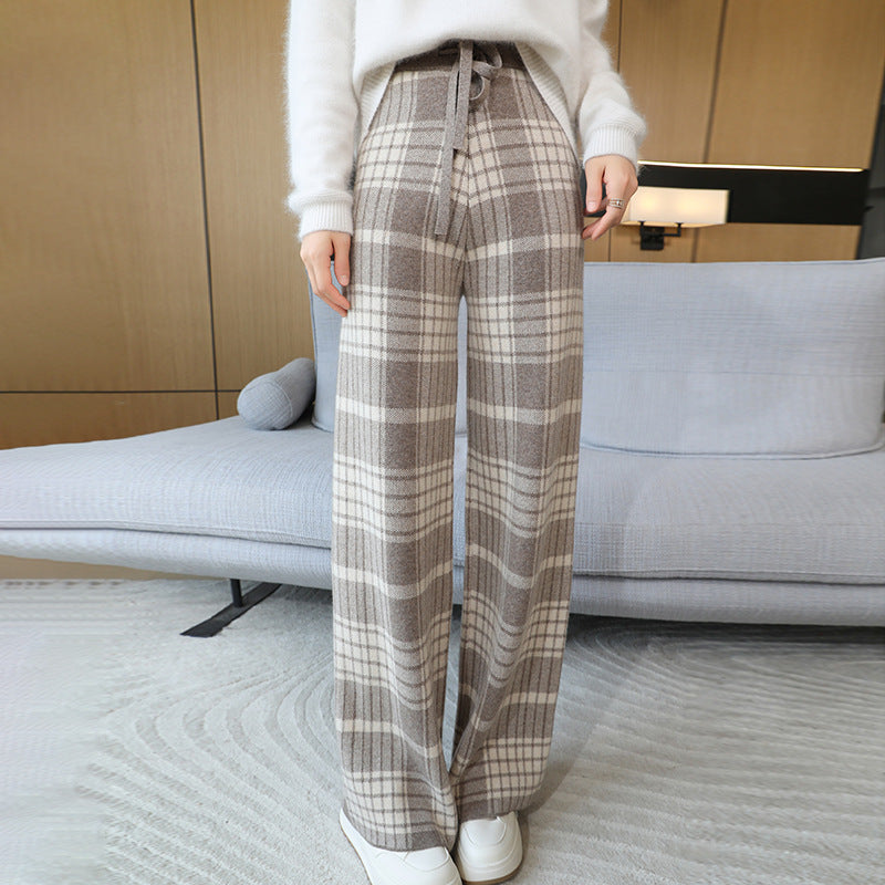 24 Autumn and Winter New High Waist All-match Casual Wide-leg Pants Women's Straight Loose Plaid Trousers 100 Wool Thickened