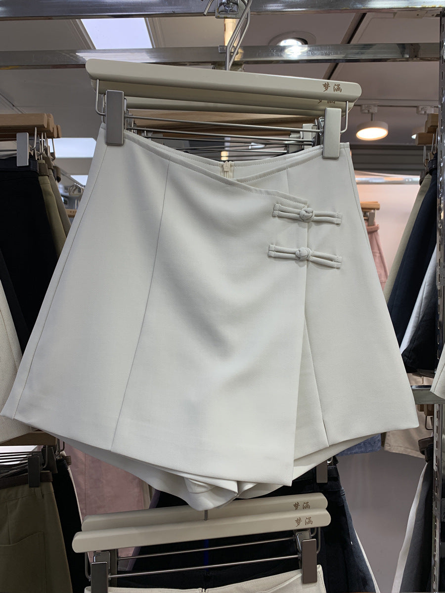 New Chinese Style National Style Pants Skirt Women's Asymmetrical 2025 Summer Fashion Suit Shorts High Waist Slimming Look A-Line Wide Leg Pants