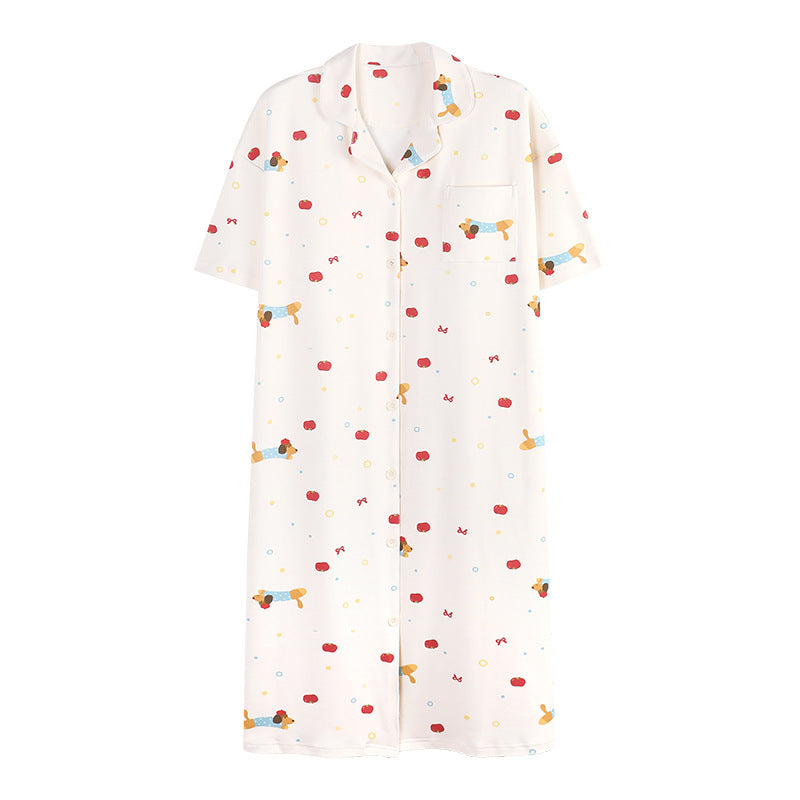 Pajamas for Women, Summer Pure Cotton Short-Sleeved Nightgown, Cardigan, Casual Loose, Large Size Mid-Length Skirt with Breast Pads, Can Be Worn Outside